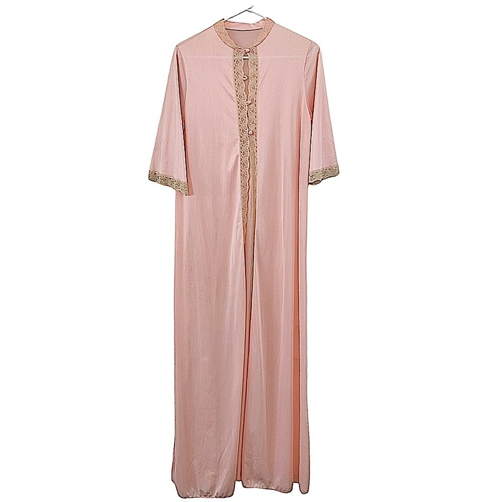 Texsheen Vintage Full Length Pink Button Front Lace Trim Robe Size Small